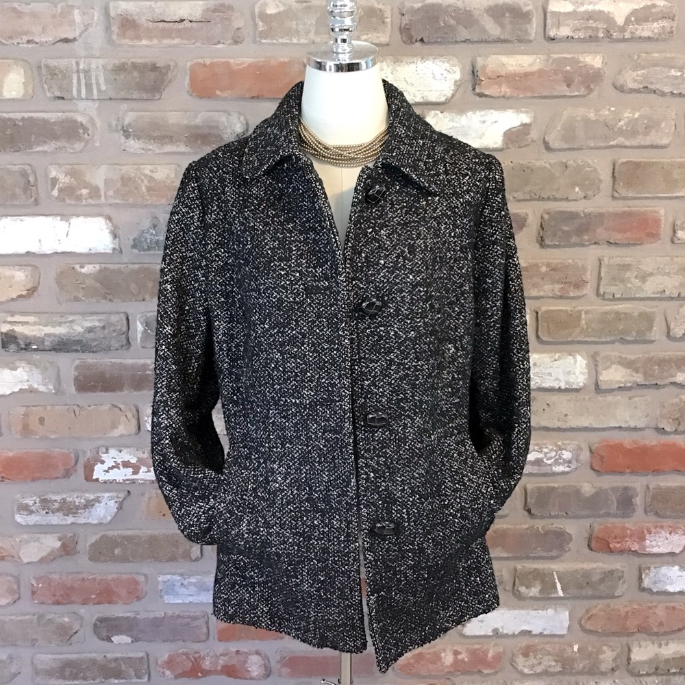 LONDON FOG Women’s Black & White Marled Textured Collared Wool Blend Coat L - Picture 3 of 9